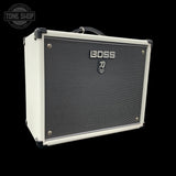 Left angle of Used BOSS Limited-Edition Katana KTN-50 MkII 50W 1x12 Guitar Combo White TFW3997.