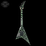 Glossy electric guitar with a black background and 'Tone Shop' logo.
