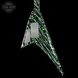 Glossy green electric guitar with black swirl pattern on a black background, featuring 'Tone Shop' logo.