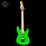 Green electric guitar with a black background and 'Tone Shop' logo.