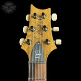 Guitar headstock with brand logo on a black background