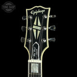Headstock of Used Epiphone Inspired by Gibson Les Paul Custom Ebony.