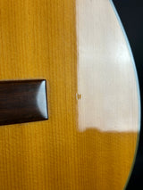 Close-up of a guitar's soundhole and brand logo.