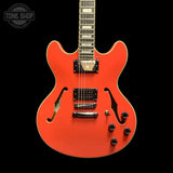 Front of Used 2018 D'Angelico Premier DC Fiesta Red w/case w/ Seymour Duncan JB bridge humbucker TFW4016.