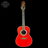 Red acoustic guitar on a black background with 'Tone Shop' logo.