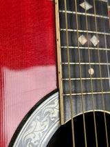 Close-up of a guitar's fretboard and soundhole on a red and black background