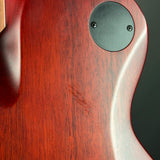 Close-up of the back of a guitar body with a reddish-brown wood finish and a circular black plate secured by two screws.