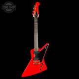 Red electric guitar on a black background with 'Tone Shop' logo.