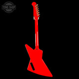 Red electric guitar on a black background with 'Tone Shop' logo.