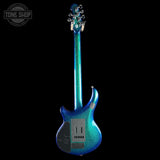Blue electric guitar on a black background with 'Tone Shop' logo.