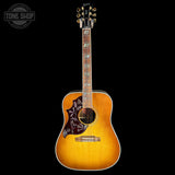 Full front of Gibson Hummingbird Elegant Koa Left Handed Honey Burst.