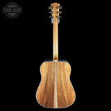 Full back of Gibson Hummingbird Elegant Koa Left Handed Honey Burst.