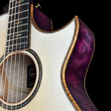 Close-up of a guitar with a white body and purple back, brand 'Taylor' visible.