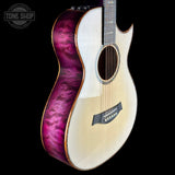 Acoustic guitar with purple and white design on a black background