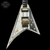 Front of Jackson Custom Shop USA Special Edition Rhoads Snow White/Black Pins.