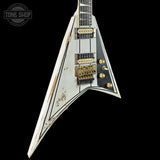 Front angle of Jackson Custom Shop USA Special Edition Rhoads Snow White/Black Pins.