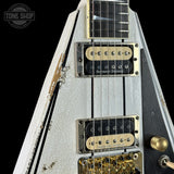 Front detail of Jackson Custom Shop USA Special Edition Rhoads Snow White/Black Pins.