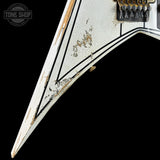 Front detail of Jackson Custom Shop USA Special Edition Rhoads Snow White/Black Pins.