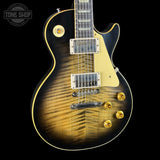 Front angle of Gibson Custom Dealer Select 1959 Les Paul Standard Chambered Cobra Burst AAA Top VOS.