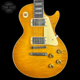 Front of Gibson Custom 1959 Les Paul Standard Reissue Light Aged Dirty Lemon.