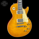 Front angle of Gibson Custom 1959 Les Paul Standard Reissue Light Aged Dirty Lemon.