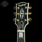 Headstock of Used Epiphone Inspired by Gibson Les Paul Custom.