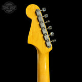 Back of headstock of Used 2022 Fender American Vintage II 66 Jazzmaster Dakota Red.