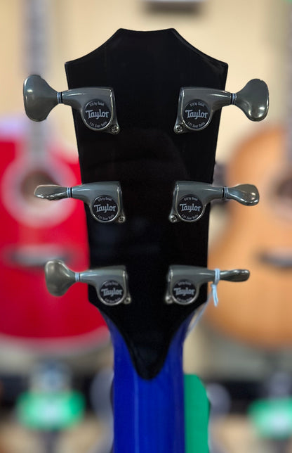 Back of headstock of Taylor Custom #3: C18e Grand Orchestra Lutz Spruce/Quilted Maple Royal Blue w/case