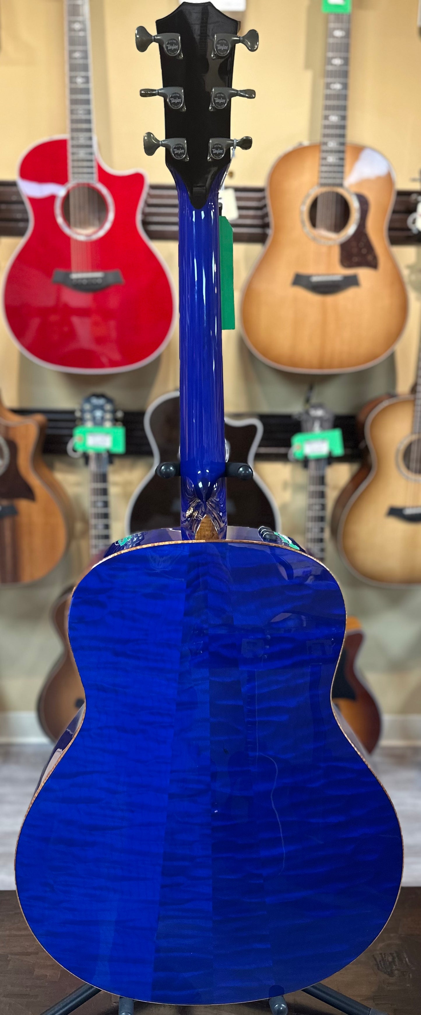 Full back. of Taylor Custom #3: C18e Grand Orchestra Lutz Spruce/Quilted Maple Royal Blue w/case