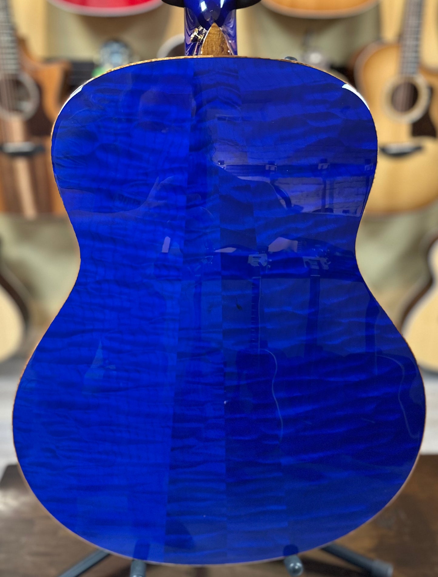 Back of Taylor Custom #3: C18e Grand Orchestra Lutz Spruce/Quilted Maple Royal Blue w/case