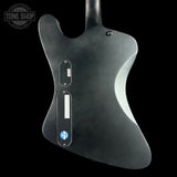 Guitar body with a visible brand logo on a black background