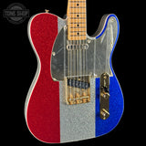 A custom electric guitar with a red, silver, and blue glitter body design, featuring a maple neck, gold hardware, and a clear pickguard, shown against a black background.