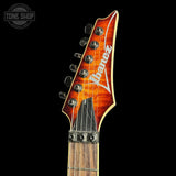 Headstock of Used Ibanez S67QM Tiger Eye.