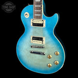 Front angle of Used Epiphone Les Paul IV Blue.