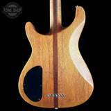 The back of a double-cutaway electric guitar made of natural wood, featuring a dark wood center stripe, a black pickguard, and six silver control knobs, shown against a solid black background.