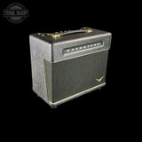 Front angle of Magnatone Baby M-80 12w 1x10 Tube Combo Amp Slash Purple Python.