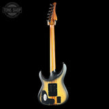 Electric guitar with a sunburst finish on a black background, featuring the Tone Shop logo.