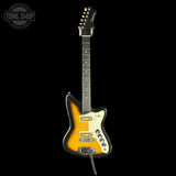 Electric guitar with a sunburst finish on a black background, featuring the Gibson logo.