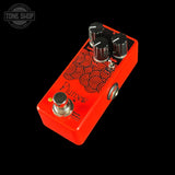 Top angle of EarthQuaker Devices Plumes Jr MOSFET Mod Tone Shop Custom Candy Apple.