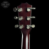 Back of headstock of Used Taylor 410E LTD Baritone Sunburst.