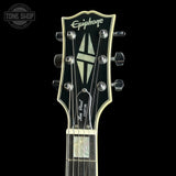Headstock of Used Epiphone Adam Jones Les Paul Silverburst.
