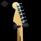 Back of headstock of Used 1992 Fender USA Stratocaster Red.