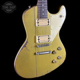 Worn electric guitar with a visible brand logo in the corner