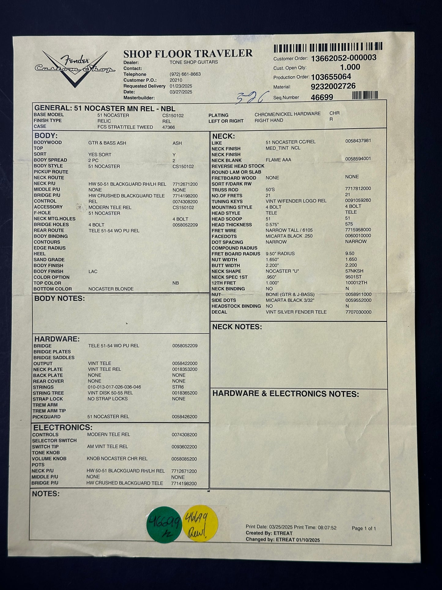 Spec sheet for Fender Custom Shop 1951 Nocaster Relic Nocaster Blonde.