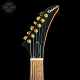 Headstock of Used Epiphone Korina Explorer.