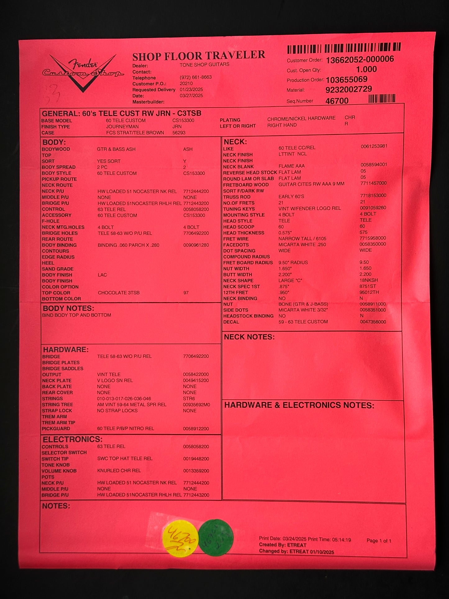 Spec sheet for Fender Custom Shop 1960's Telecaster Custom Journeyman Relic Chocolate 3 Tone Sunburst.