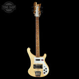 Bass guitar with a Rickenbacker logo on a black background