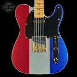 Guitar with red, silver, and blue glittery finish on a black background