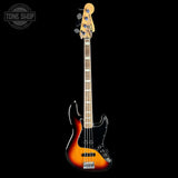 Electric bass guitar with a sunburst finish on a black background, featuring the Tone Shop logo.