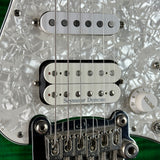 Close-up of a double-cutaway electric guitar body featuring a textured white pearloid pickguard, two silver Seymour Duncan humbucker pickups, and a black tremolo bridge.